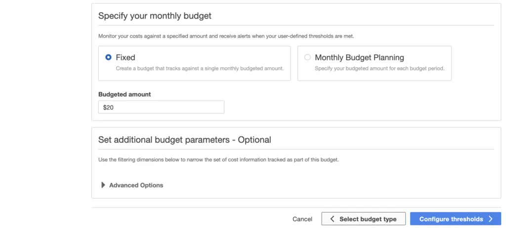 AWS Budget configuration screen for specifying budget amount
