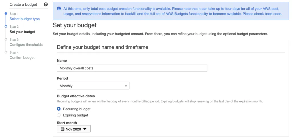 AWS Budget configuration screen for naming budget and selecting time period