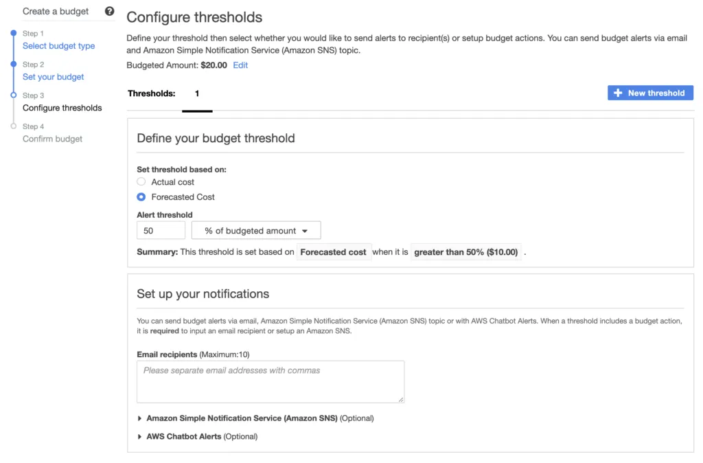 AWS Budget threshold and notification settings configuration screen