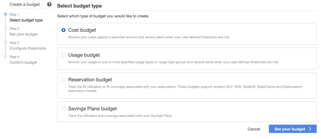 AWS Budget setup screen showing cost budget type selection