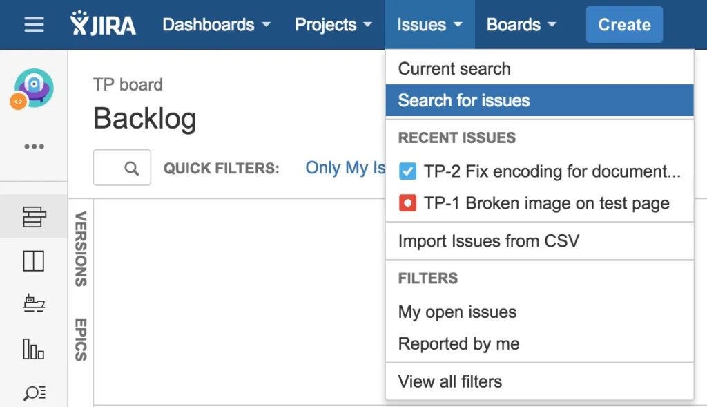 Select the option "Search for issues" in JIRA