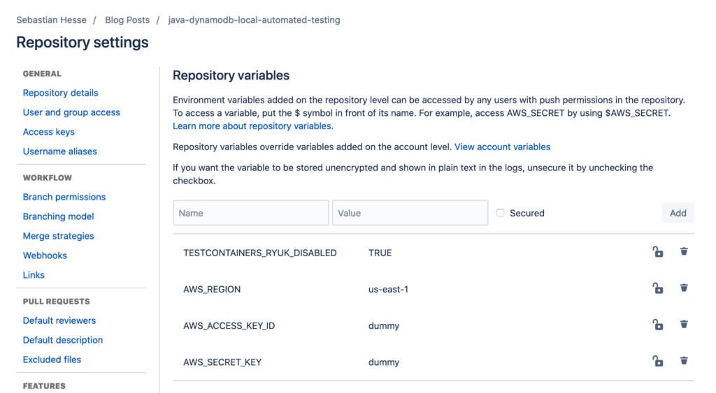 Environment Variables for correct setup with Bitbucket Pipelines.